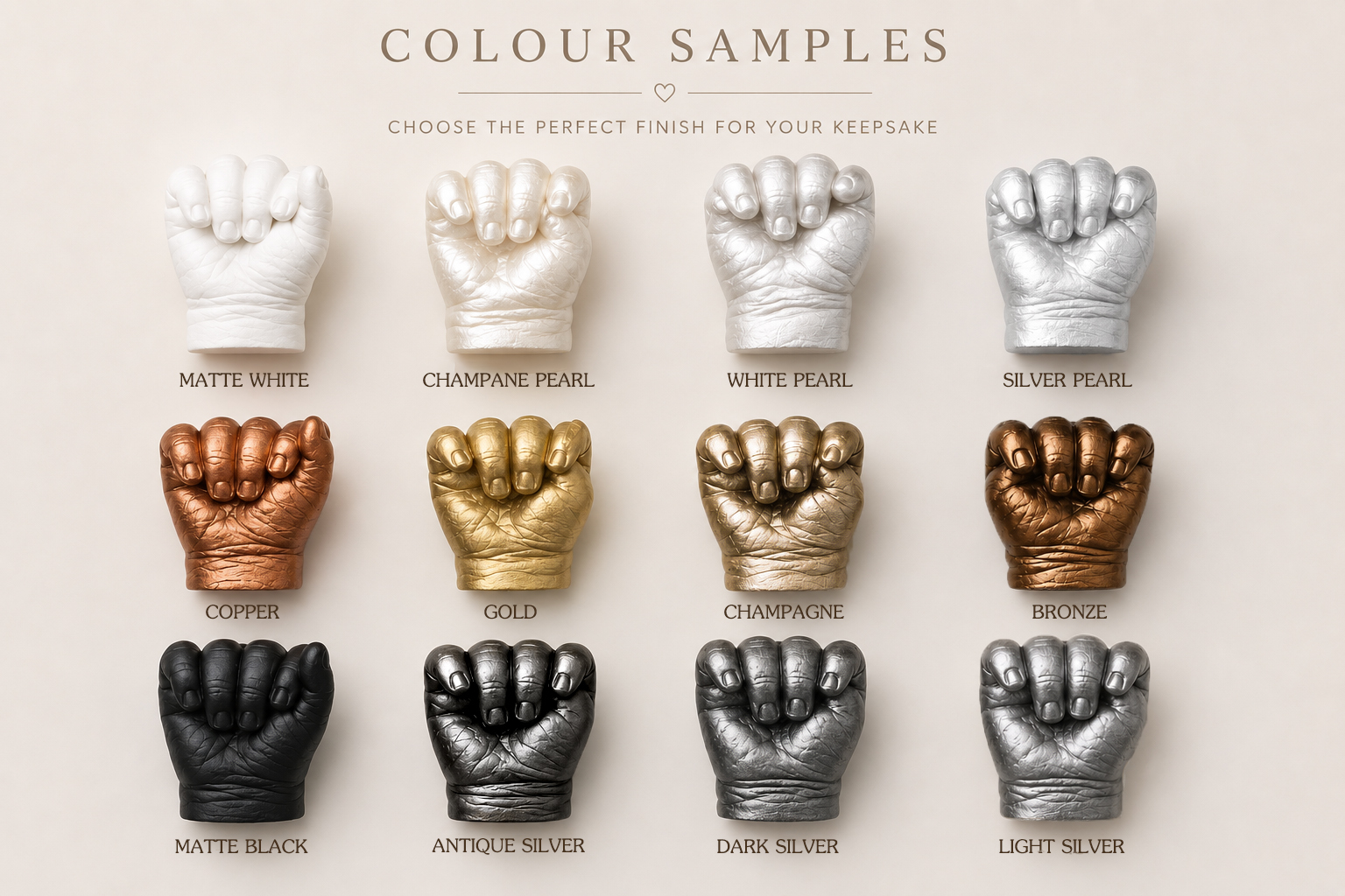 Colour samples — choose the finish for your keepsake